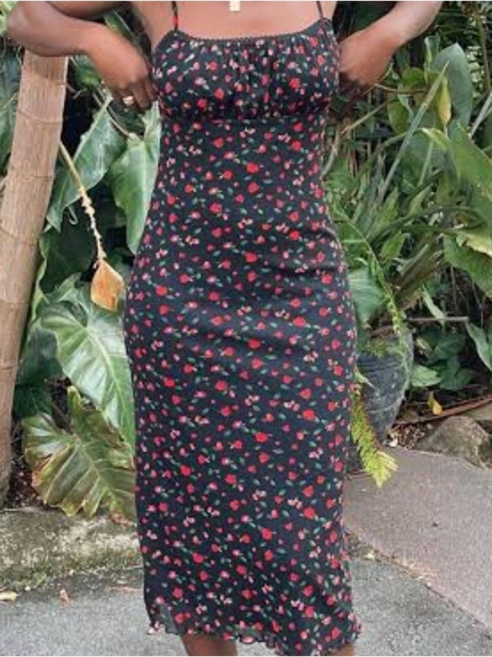 Princess Polly Black Midi Slip Dress with Red Floral Print